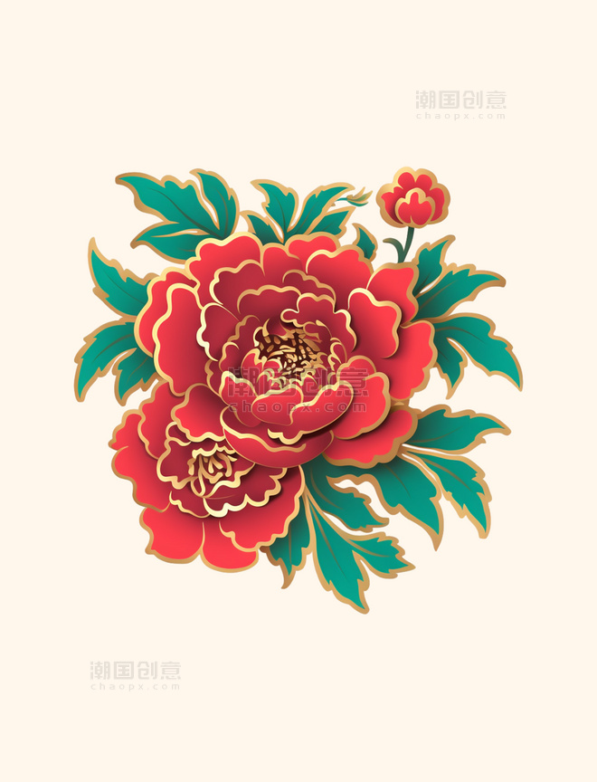 中式红色质感鎏金描边牡丹花装饰免抠元素
