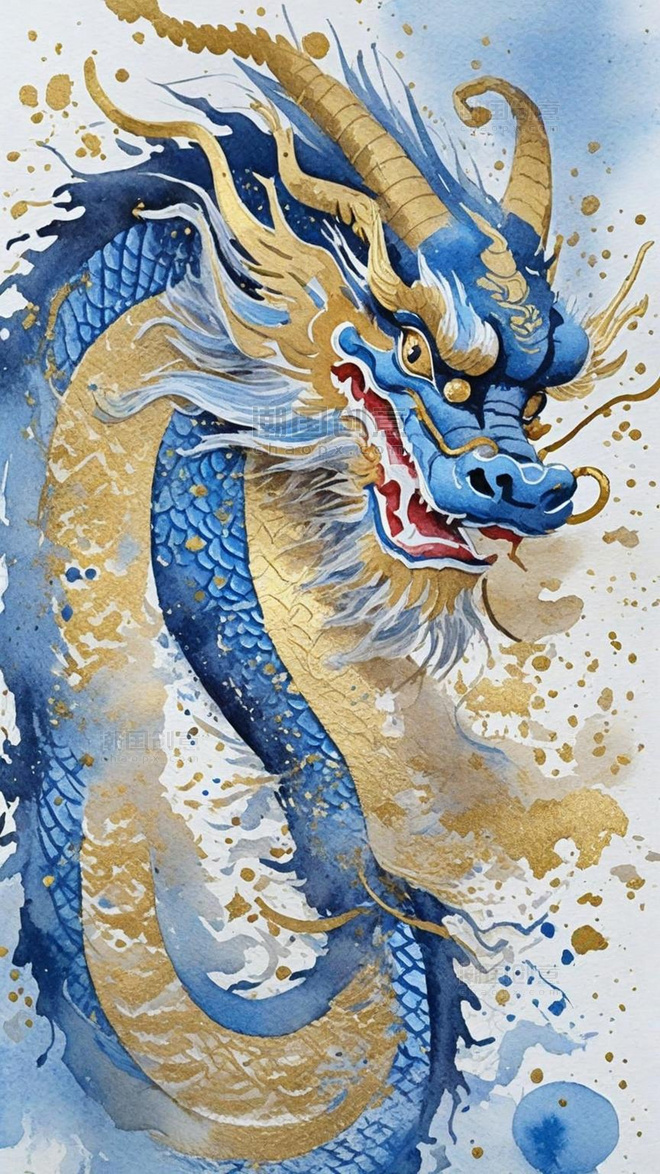 蓝色水彩插画传统国风中国神龙水墨