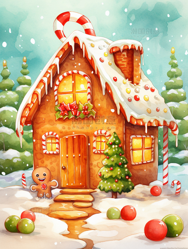 卡通圣诞小木屋和姜饼人插画圣诞节冬天冬季