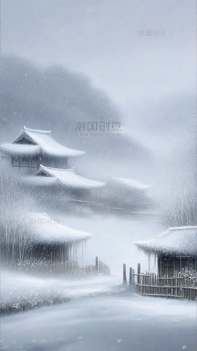 肌理磨砂静谧国风冬天冬季冬日山水雪景雪地下雪大雪插画
