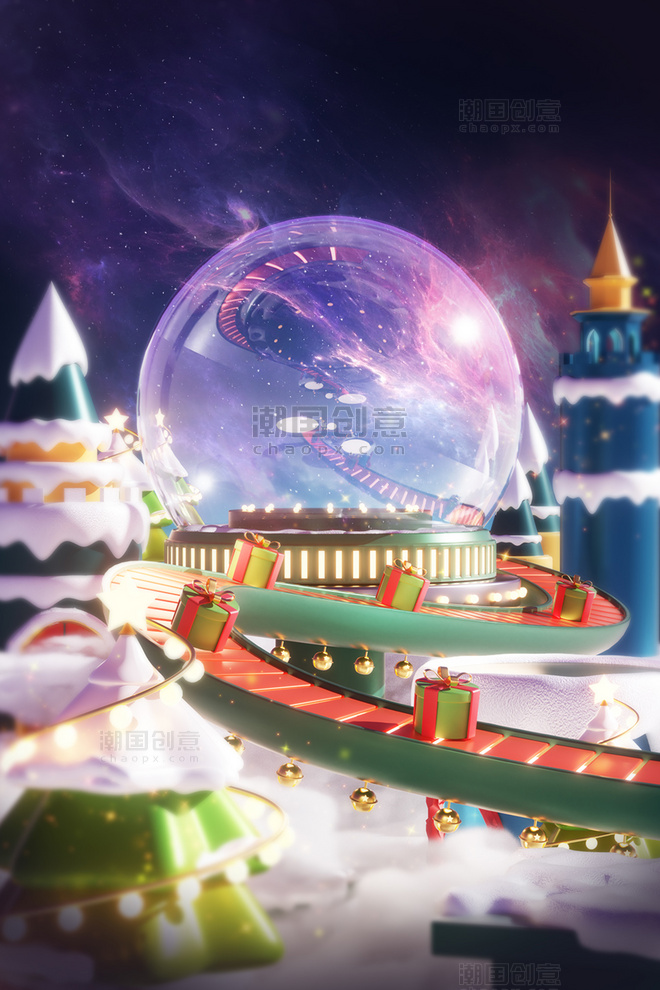 圣诞节3D立体水晶球滑梯冬日圣诞城堡场景