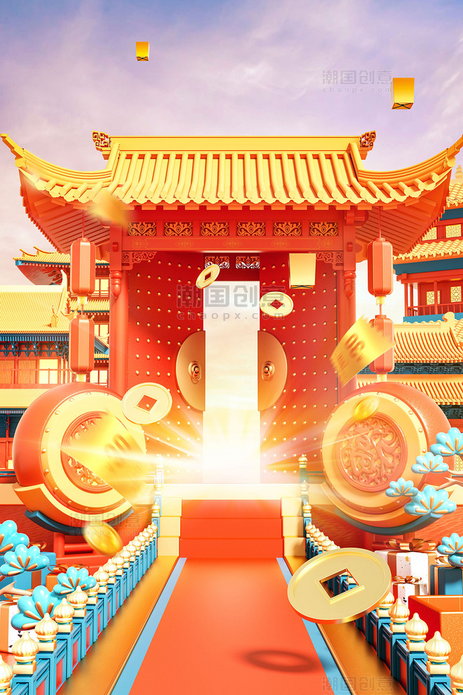 3D立体中国风红色龙年喜庆春节国潮建筑开门背景