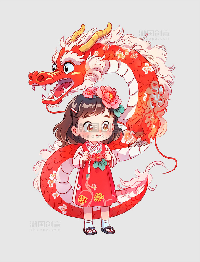 卡通中国龙和小女孩春节龙年