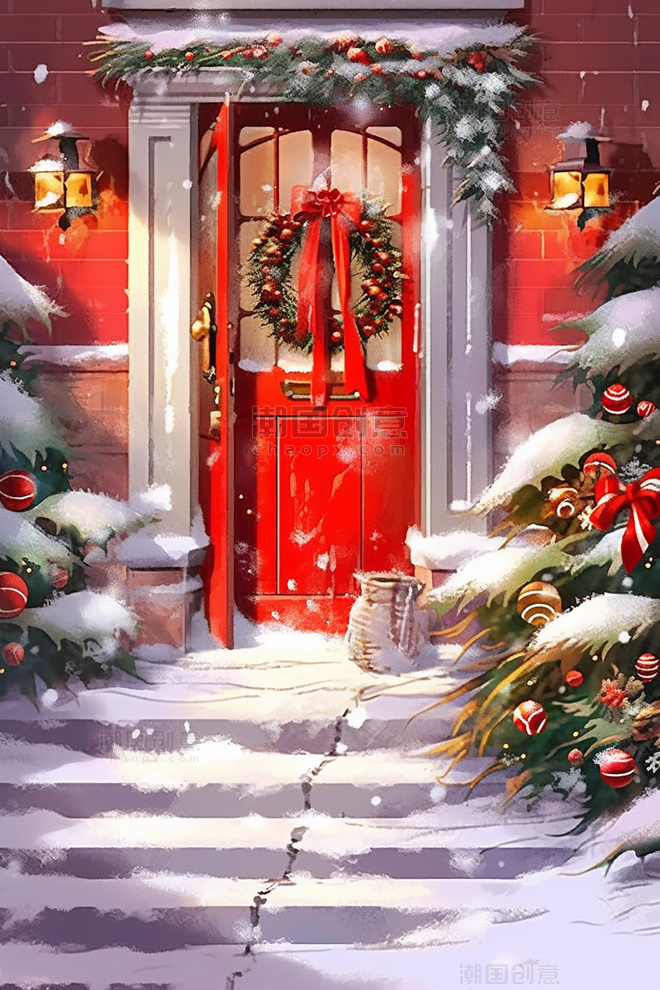 圣诞节门外圣诞树装饰插画门口装饰