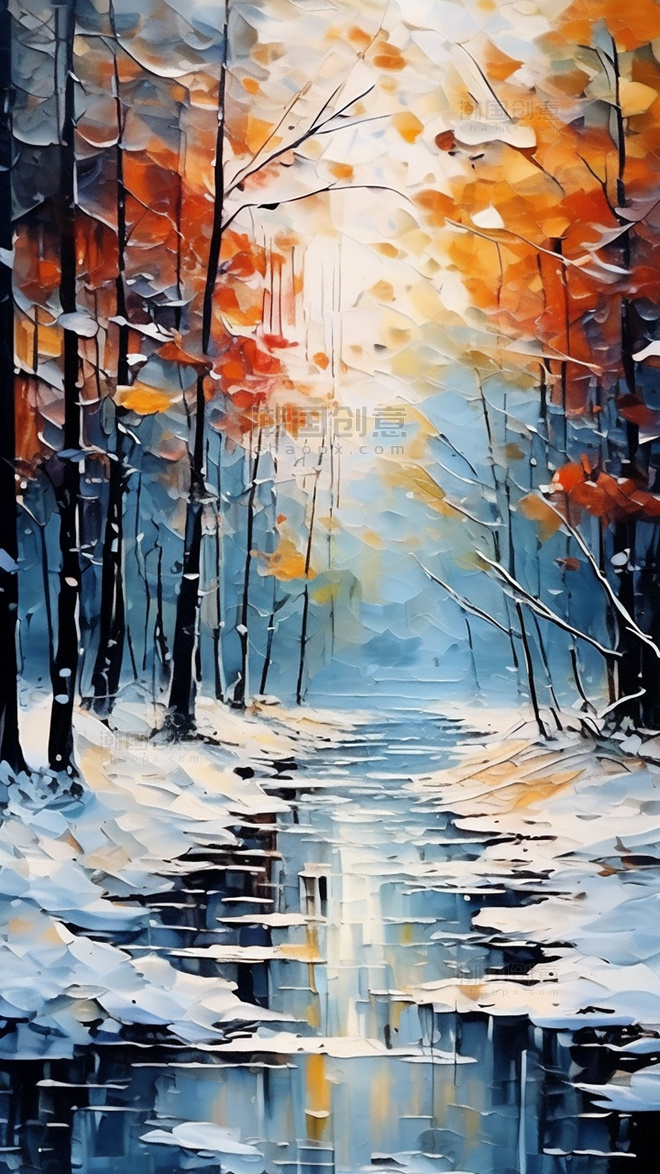 抽象冬季雪景插画冬天冬日森林油画小溪河流树林