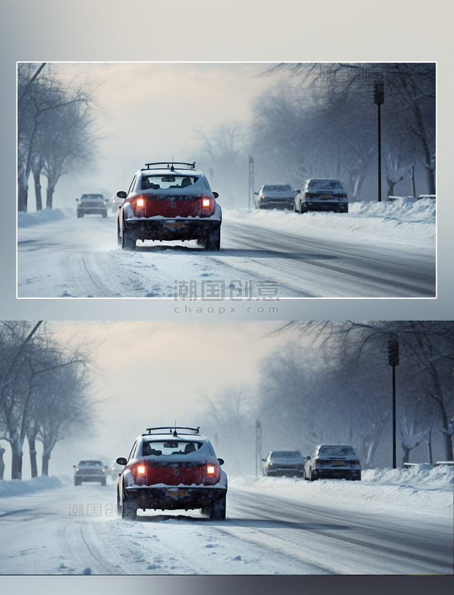 冬日冬天冬季雪地公路雪天行驶的车辆摄影图