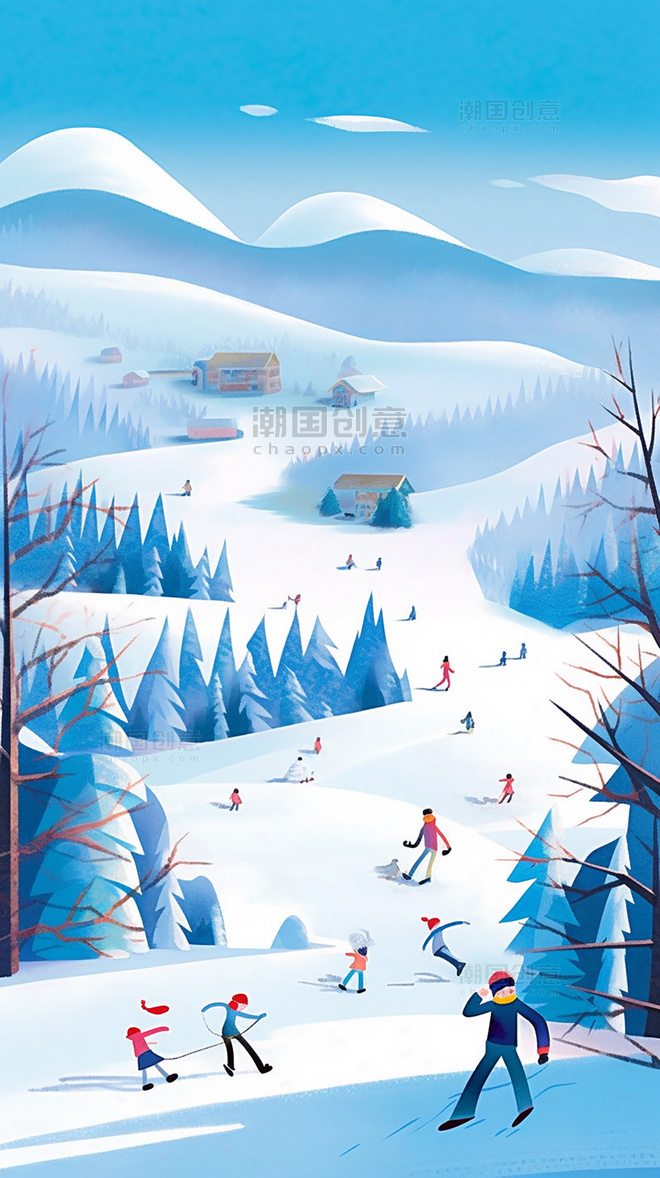 冬天滑雪场滑雪玩耍手绘插画大雪滑雪场