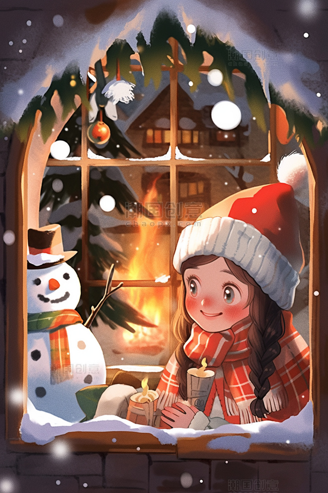 卡通圣诞节可爱女孩圣诞屋手绘人物插画窗户