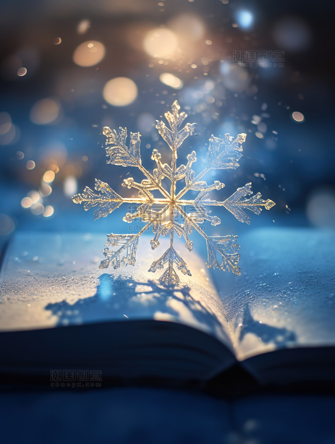 一朵巨大的雪花和书本冬天冬季冬日背景
