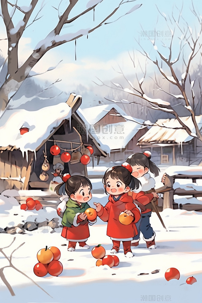 新年可爱孩子儿童冬天玩耍手绘插画春节玩雪