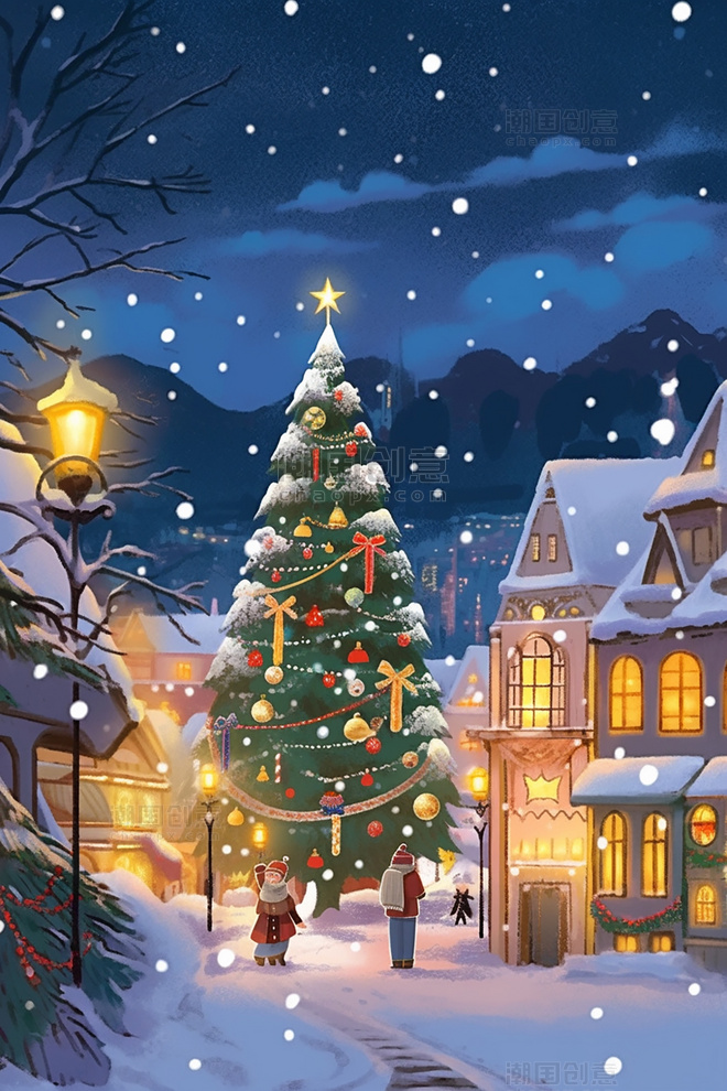 卡通圣诞节童话小镇夜晚圣诞树插画