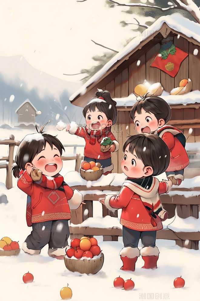 新年可爱孩子玩耍手绘冬天人物插画冬季春节