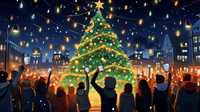 潮国创意圣诞树下庆祝的人群