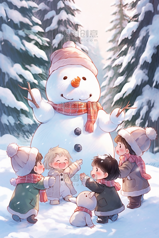 潮国创意插画冬天雪地里孩子玩耍手绘圣诞节冬季雪人堆雪人