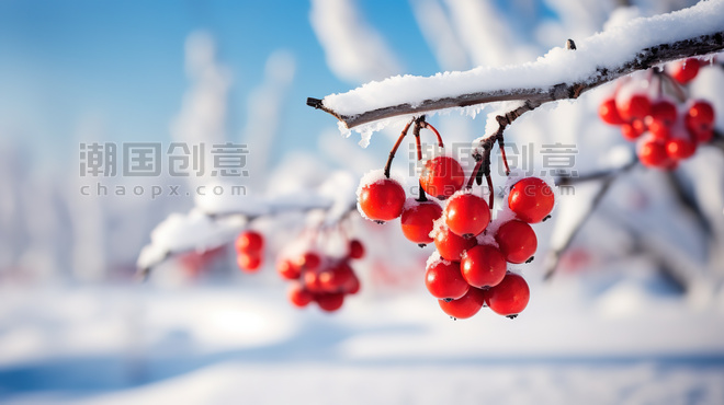 潮国创意红色果子积雪覆盖1冬天冬季大雪下雪