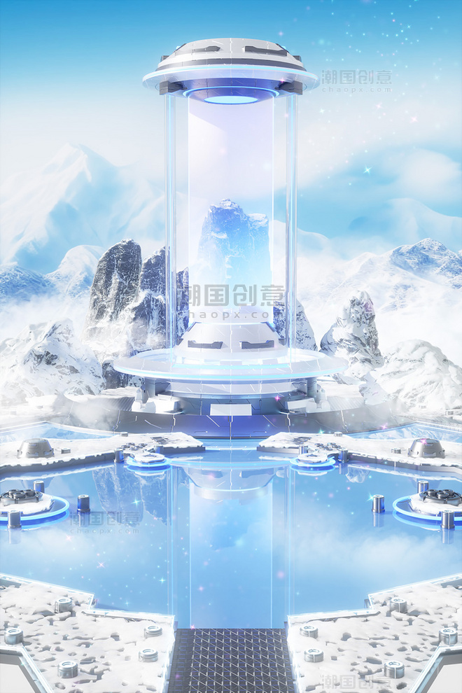 冬日冬天冰雪季3D立体湖面电商玻璃科技展台场景