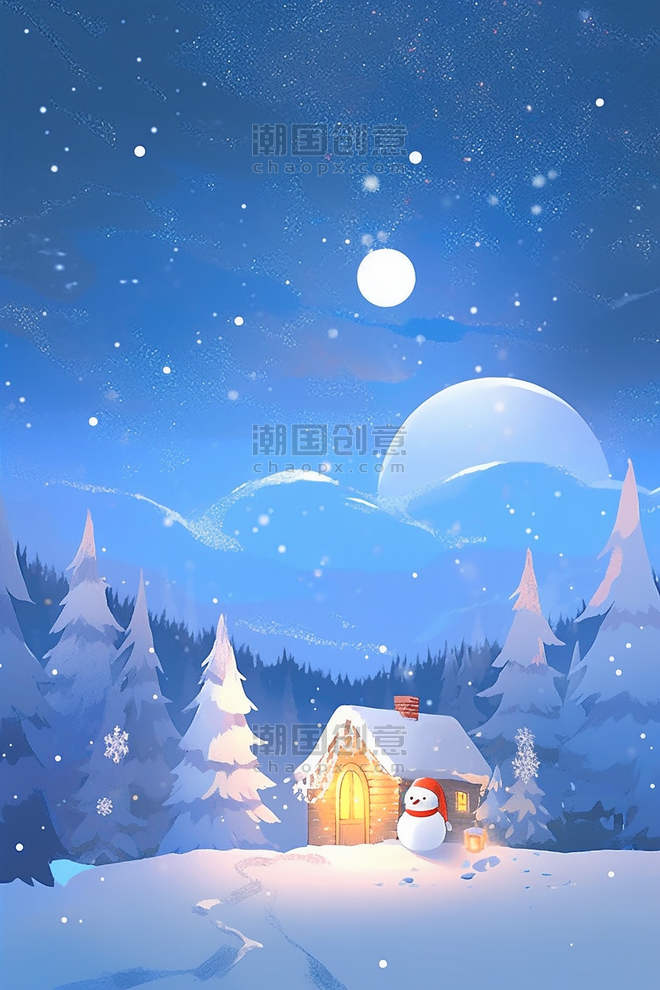 潮国创意冬天手绘雪地的插画夜晚冬季圣诞节圣诞大雪雪地