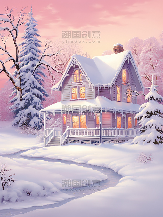 潮国创意浪漫冬天白雪覆盖的房子3