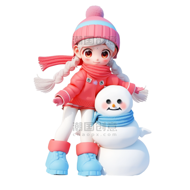 潮国创意冬天可爱女孩3d立体雪人免抠元素人物