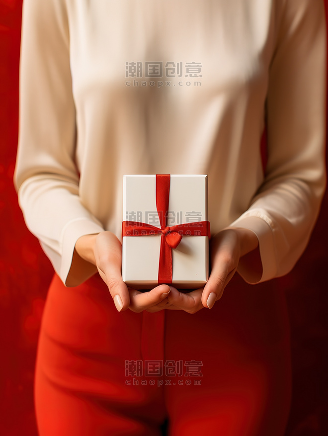潮国创意拿着白色礼盒红色背景10元旦圣诞圣诞节