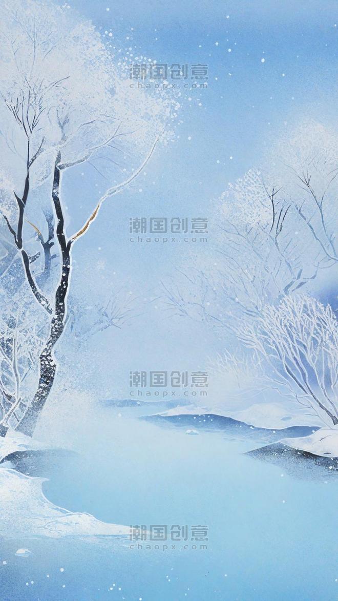 潮国创意蓝色清新冬天雪景冬景背景冬季大雪雪景