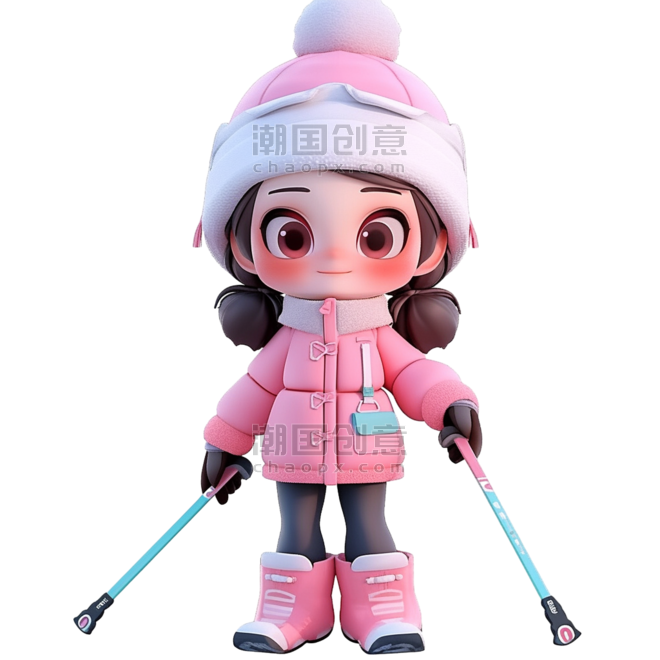 潮国创意冬天免抠元素可爱女孩滑雪3d立体人物