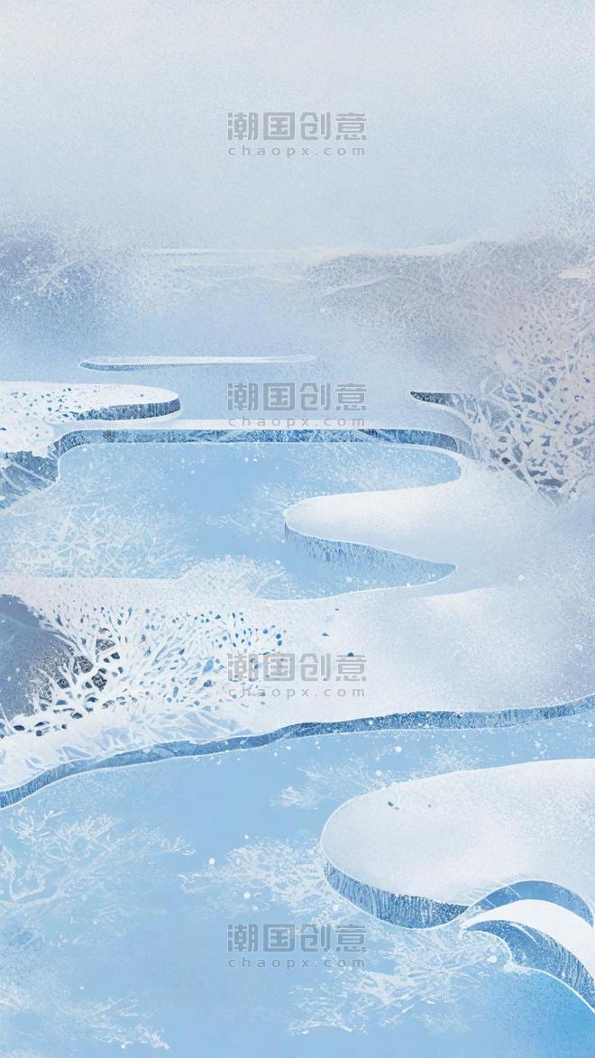 潮国创意蓝色清新冬天雪景冬景背景冬季大雪雪景
