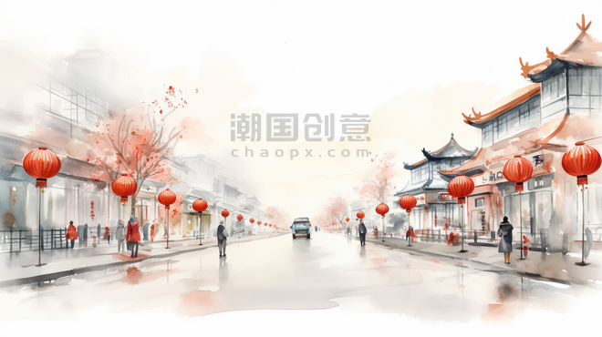 潮国创意春节张灯结彩的古镇插画1