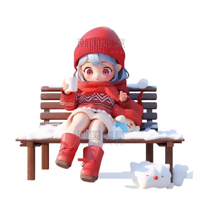 潮国创意可爱女孩坐在椅子上3d冬天立体免抠元素卡通人物大雪下雪