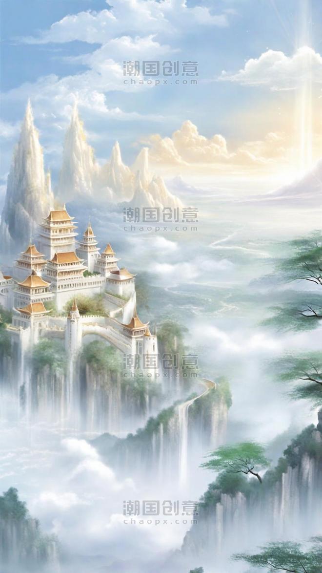 潮国创意蓝色中国风清新云雾里的宫殿背景欧式复古中国风