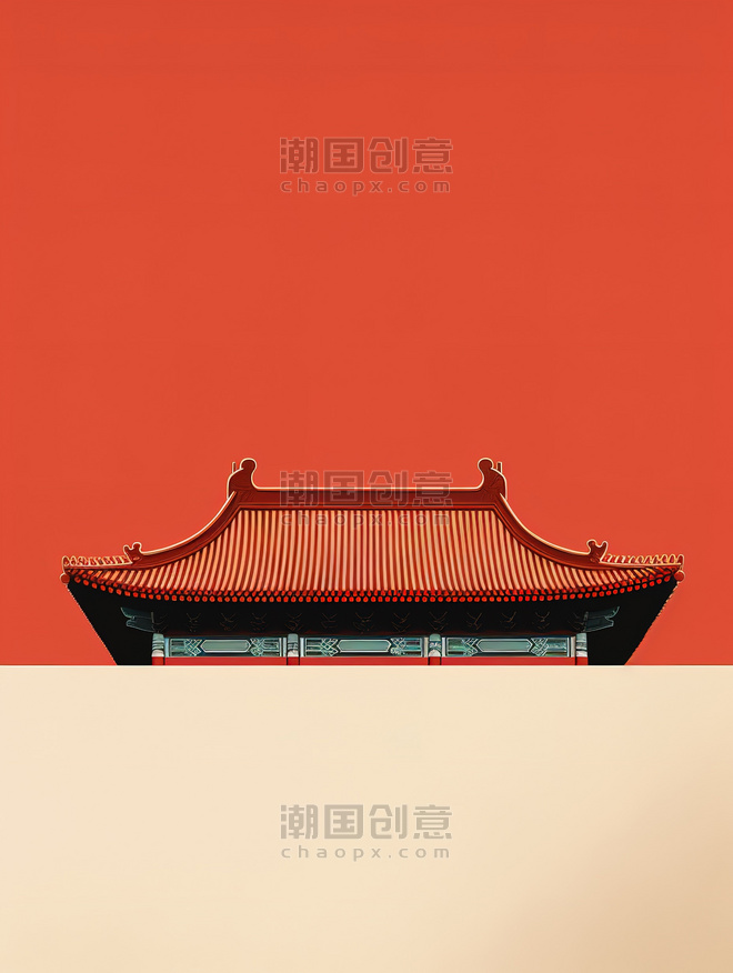 潮国创意中国宫殿建筑和屋檐东方美学14红色中国风