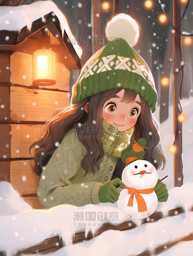潮国创意圣诞节可爱女孩冬天雪人木屋手绘插画