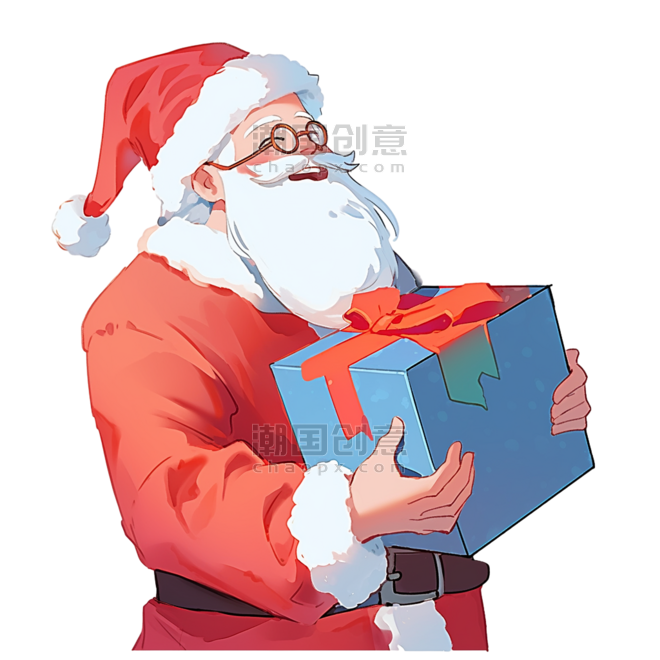 潮国创意圣诞节圣诞老人手绘元素拿着蓝色礼盒卡通