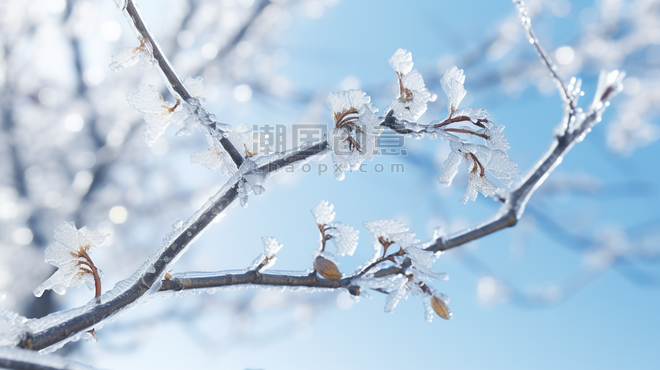 潮国创意蓝色冬天松枝上的冰晶冰花雾凇背景