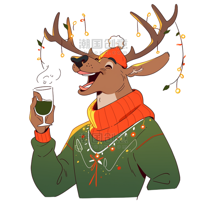 潮国创意卡通圣诞节元素圣诞鹿手绘头像拟人动物麋鹿小鹿