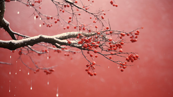 潮国创意红墙外雨雪中的浆果冬天冬季冬日大雪下雪