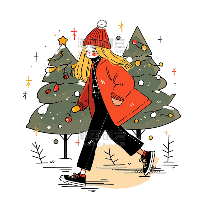 潮国创意圣诞树女孩卡通冬天手绘元素