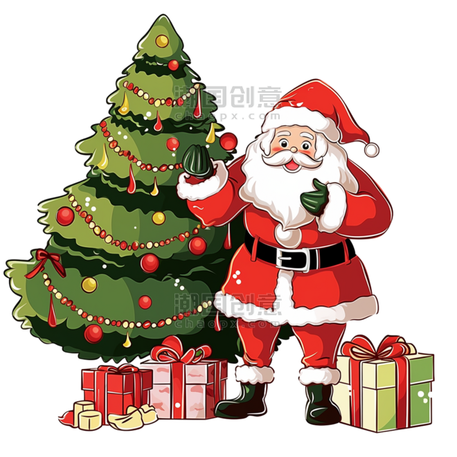 潮国创意圣诞老人圣诞节松树礼盒卡通手绘元素