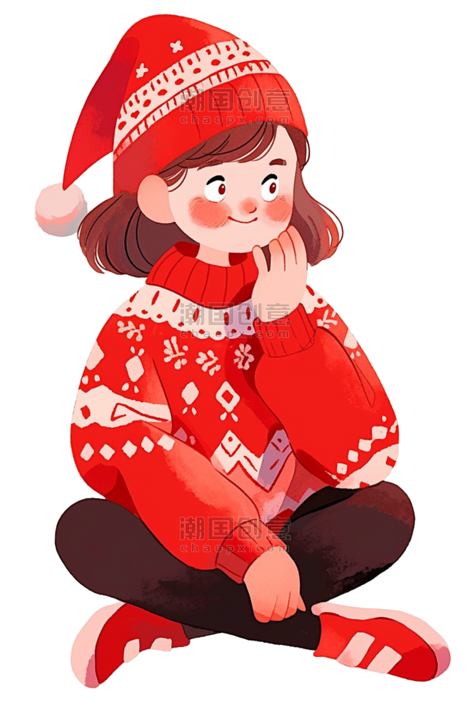 潮国创意新年圣诞节可爱女孩手绘卡通元素人物冬天毛衣
