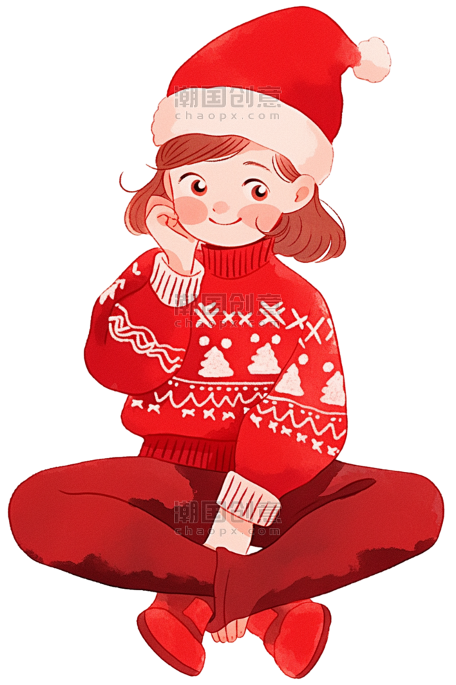 潮国创意圣诞节新年可爱女孩卡通手绘元素人物冬天毛衣