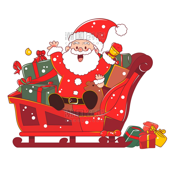 潮国创意圣诞节雪橇车送礼圣诞老人卡通手绘元素
