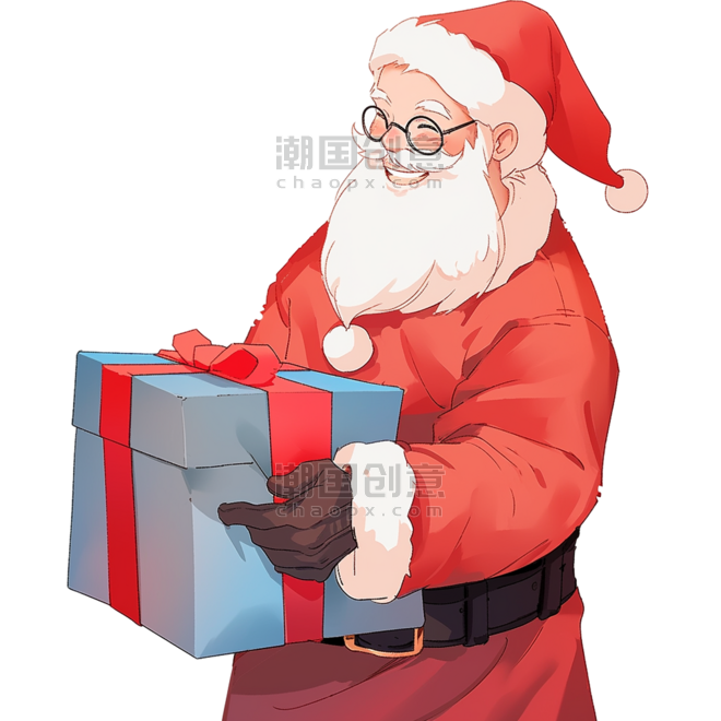 潮国创意卡通圣诞节圣诞老人拿着蓝色礼盒手绘元素