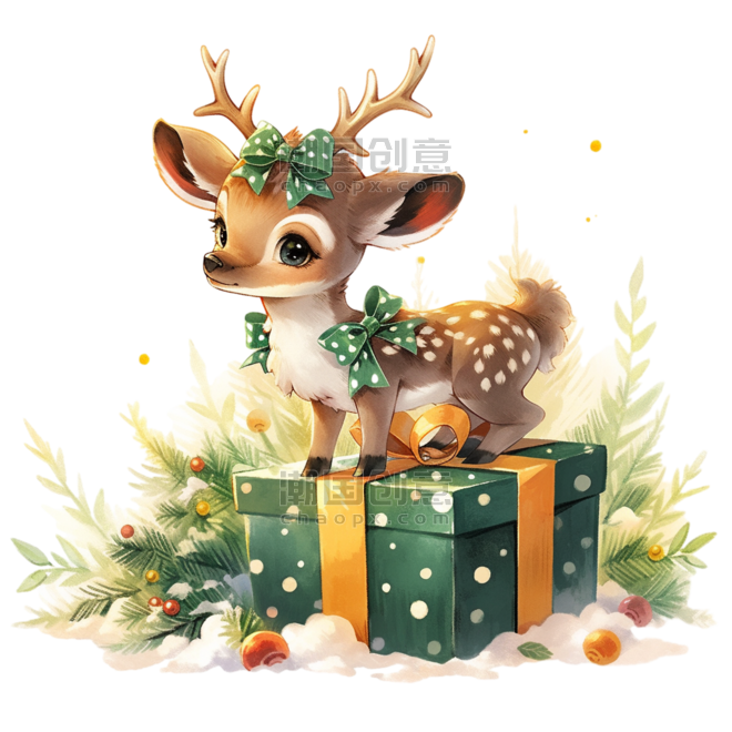 潮国创意手绘圣诞节可爱小鹿礼物卡通元素动物水彩