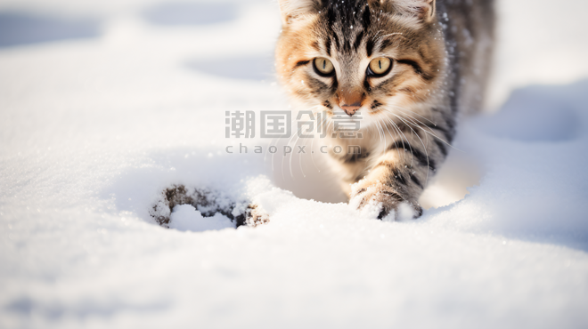 潮国创意雪地中的猫咪和爪印冬天冬季冬日大雪下雪