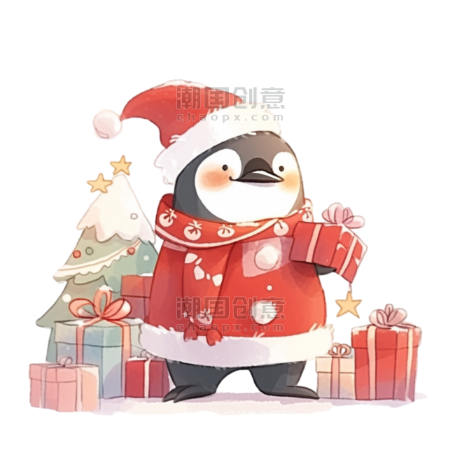 潮国创意圣诞节圣诞树企鹅手绘免抠元素
