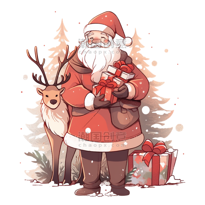 潮国创意圣诞老人小鹿圣诞节松树卡通手绘元素人物