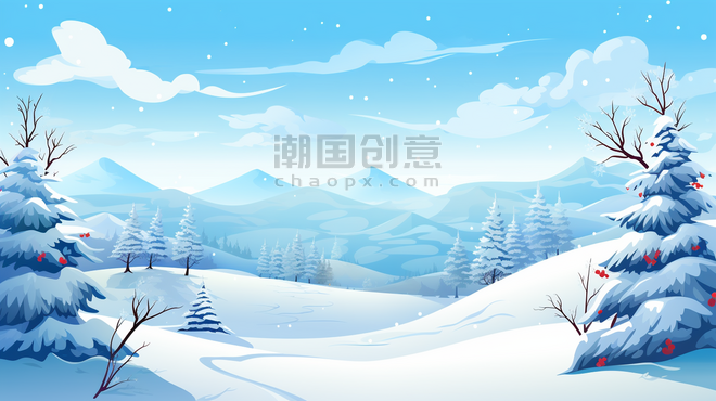 潮国创意雪山森林小乡村背景1冬天冬季大雪卡通雪景