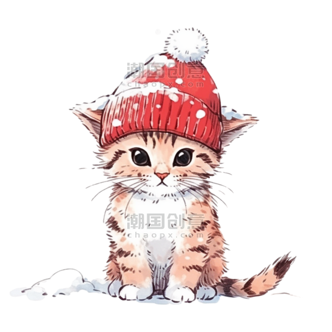 潮国创意冬天手绘元素圣诞节小猫卡通动物宠物