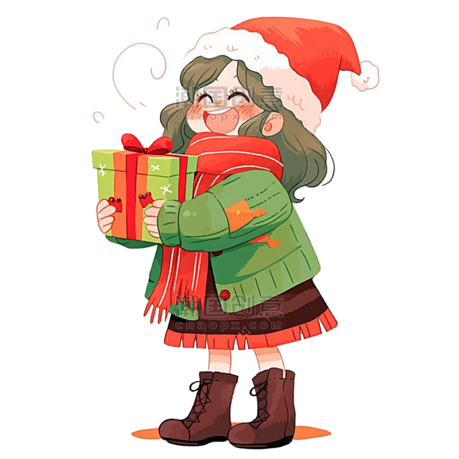 潮国创意手绘元素圣诞节可爱女孩拿着礼盒卡通人物