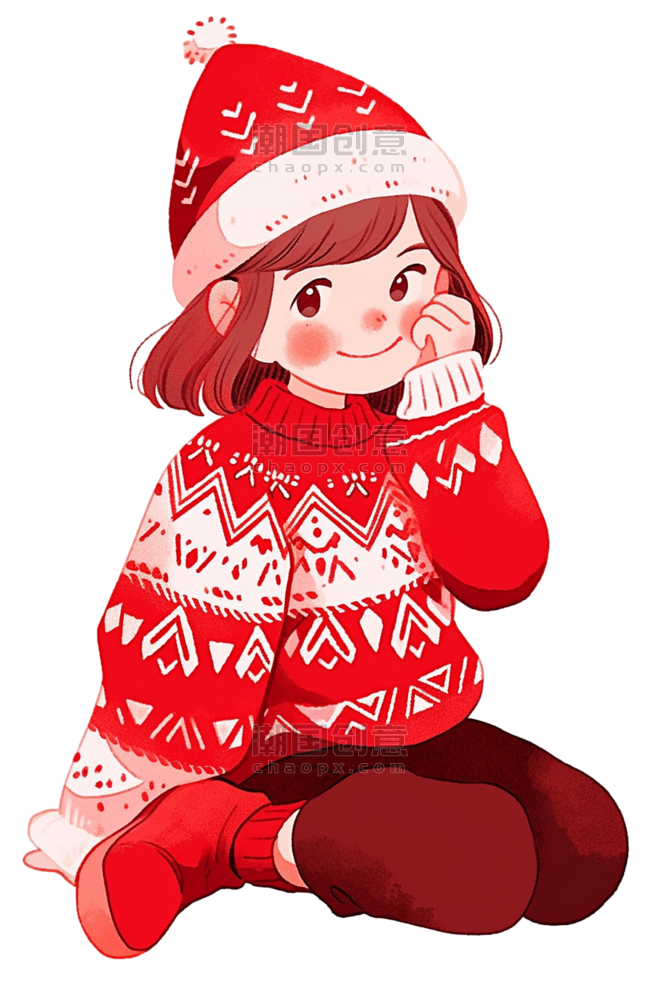 潮国创意圣诞节可爱女孩新年卡通手绘元素人物冬天毛衣